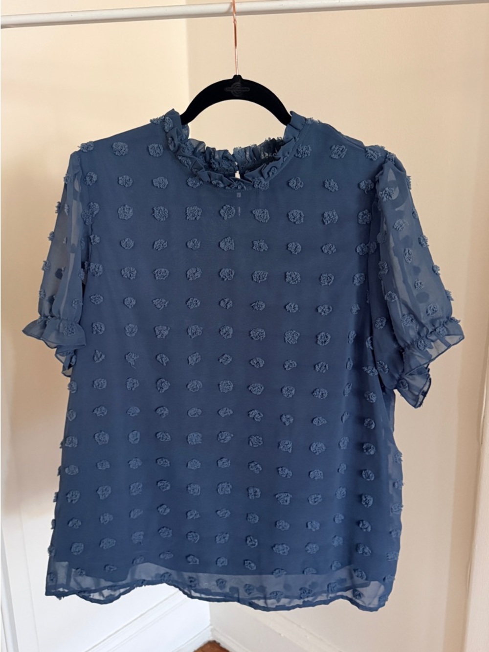 SHEIN Dusty Blue Textured Ruffle-Neck Short Sleeve Blouse